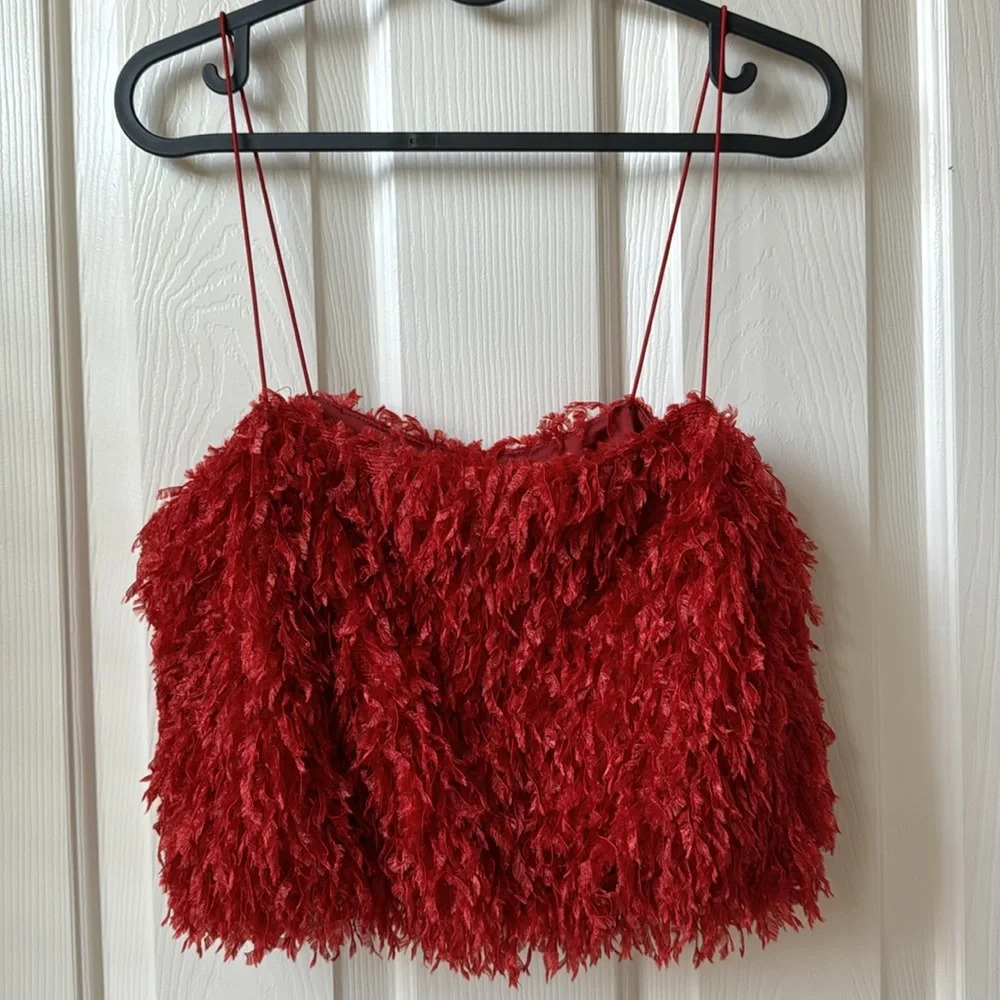 NWT Show Me Your Mumu She Cute Red Faux Feather Crop top XS - Picture 4 of 10